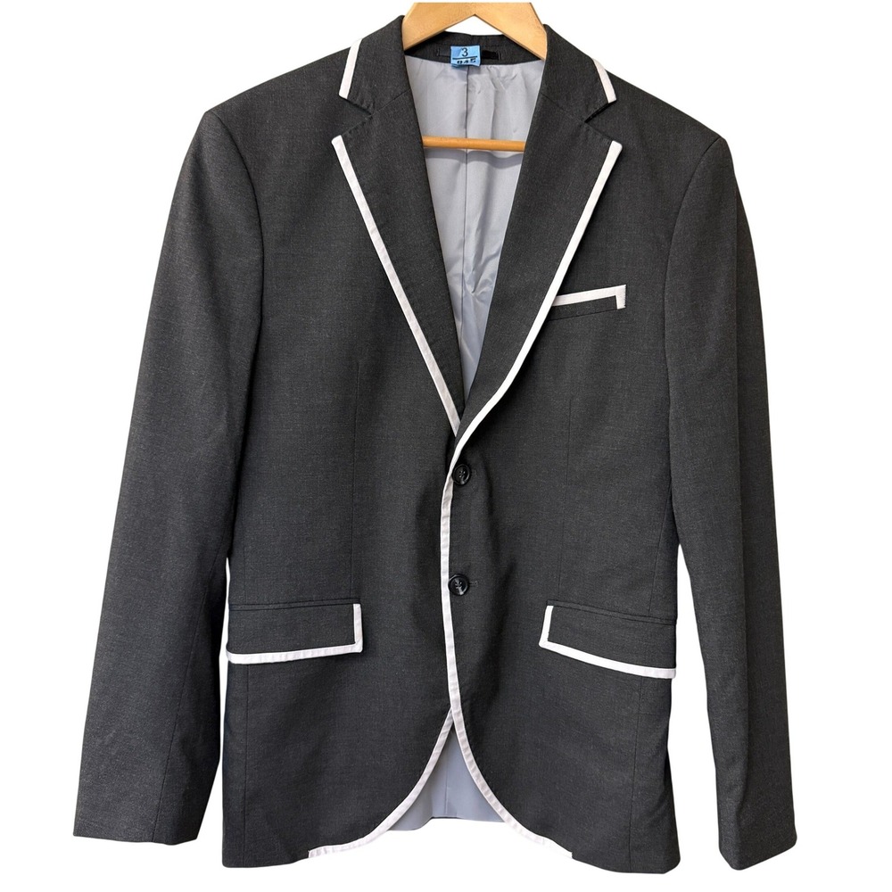 Jack & Jones Mens Super Slim Fit Blazer Charcoal Gray White Piping Size 38R Work